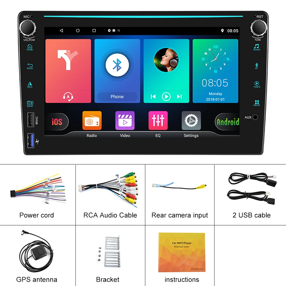 Podofo 2Din Android GPS Navigācijas Auto Radio ar RDS, FM AM, Universāls Hyundai, Nissan, Toyota Wifi 2Din 4USB EQ Multimediju Atskaņotājs Attēls 1