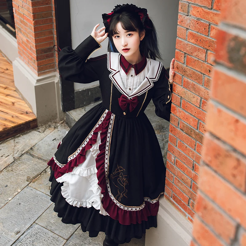 Salds lolita kleita vintage tiesa stāvēt puff piedurknēm augsta vidukļa gudrs drukāšanas viktorijas kleita kawaii meitene gothic lolita op loli Attēls 1