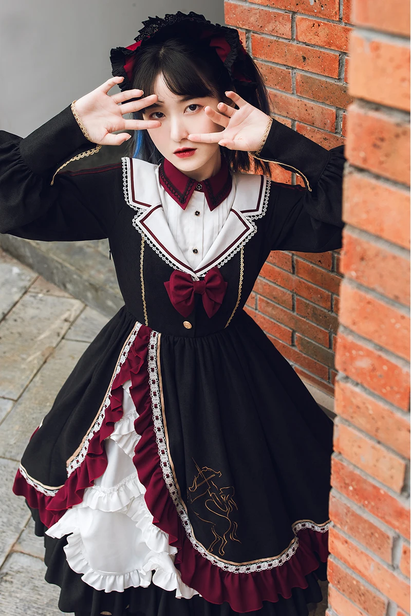 Salds lolita kleita vintage tiesa stāvēt puff piedurknēm augsta vidukļa gudrs drukāšanas viktorijas kleita kawaii meitene gothic lolita op loli Attēls 3