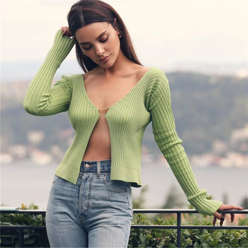 Sibybo Sexy V-Neck Trikotāžas Jaka Sieviešu Džemperis 2021. Gada Rudens Zaļo Džemperi ar garām Piedurknēm Vilkt Femme Streetwear Gadījuma Y2K Topi Attēls 2