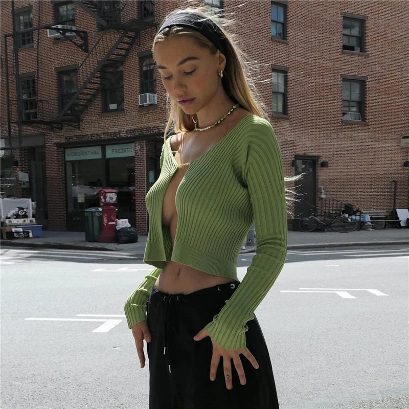 Sibybo Sexy V-Neck Trikotāžas Jaka Sieviešu Džemperis 2021. Gada Rudens Zaļo Džemperi ar garām Piedurknēm Vilkt Femme Streetwear Gadījuma Y2K Topi Attēls 4