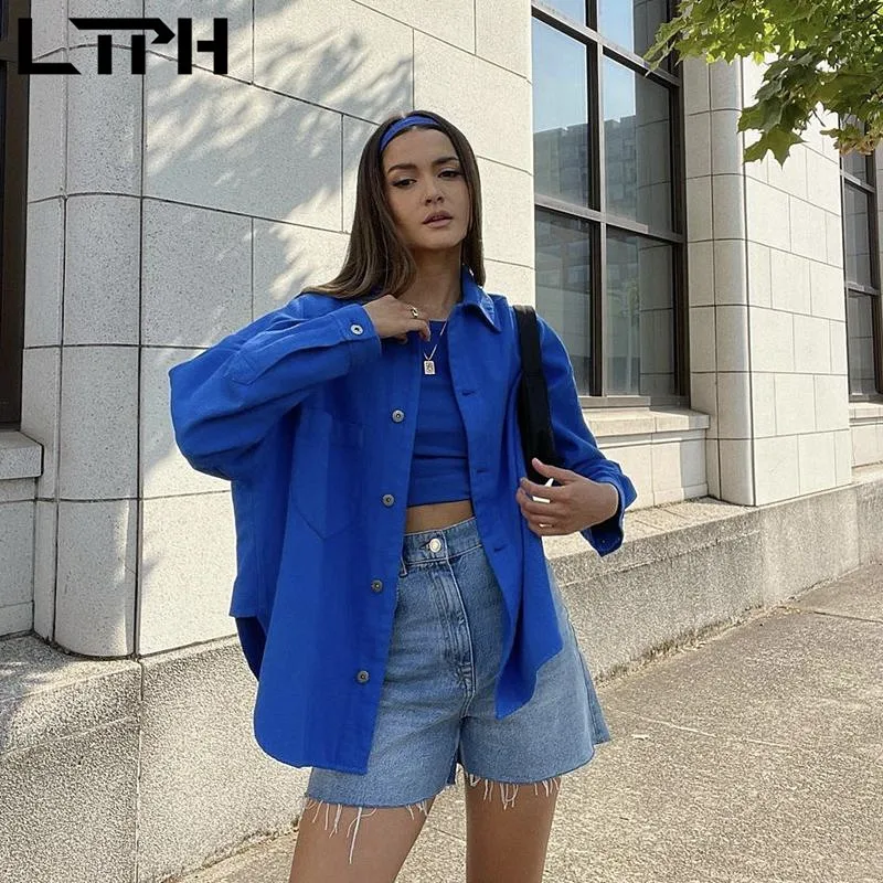 LTPH lielgabarīta zaudēt zilās jakas sieviešu vienotā krūtīm, garām piedurknēm vintage mētelis Streetwear gadījuma virsdrēbes ir 2021. rudens jaunas Attēls 2