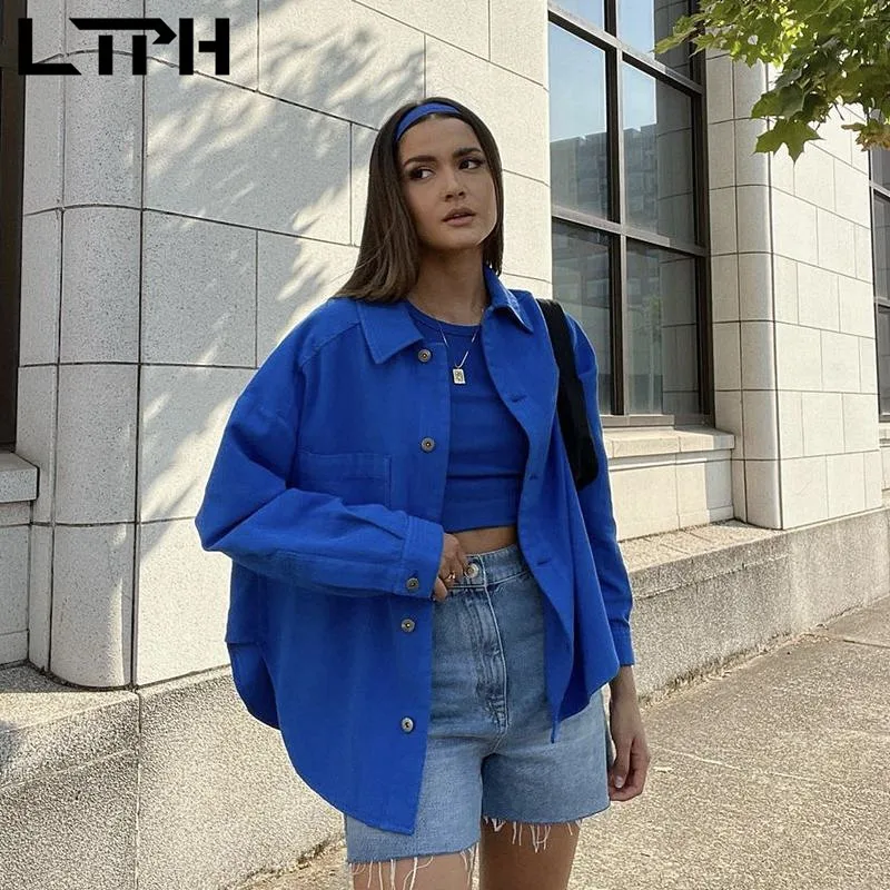 LTPH lielgabarīta zaudēt zilās jakas sieviešu vienotā krūtīm, garām piedurknēm vintage mētelis Streetwear gadījuma virsdrēbes ir 2021. rudens jaunas Attēls 3