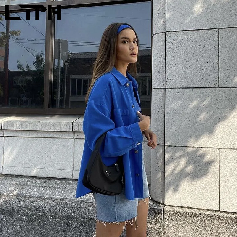 LTPH lielgabarīta zaudēt zilās jakas sieviešu vienotā krūtīm, garām piedurknēm vintage mētelis Streetwear gadījuma virsdrēbes ir 2021. rudens jaunas Attēls 5