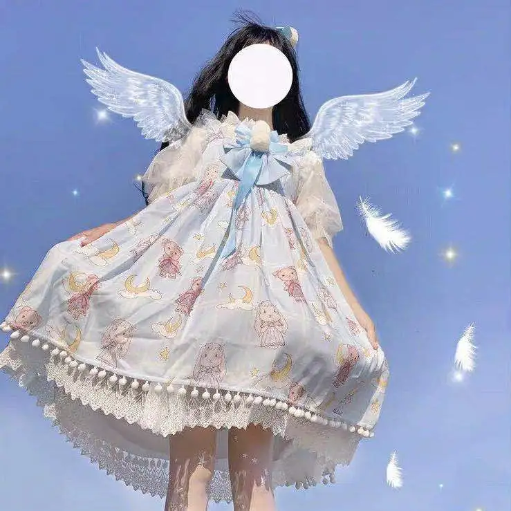 Japāņu Salds Kawaii Jsk Lolita Kleita Cute Sedz Trušu Drukāšanas Karikatūra Bez Piedurknēm Loku Mežģīnes Princese Tēja Puse Kleitas Attēls 1