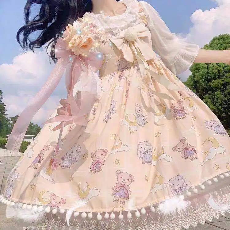 Japāņu Salds Kawaii Jsk Lolita Kleita Cute Sedz Trušu Drukāšanas Karikatūra Bez Piedurknēm Loku Mežģīnes Princese Tēja Puse Kleitas Attēls 2
