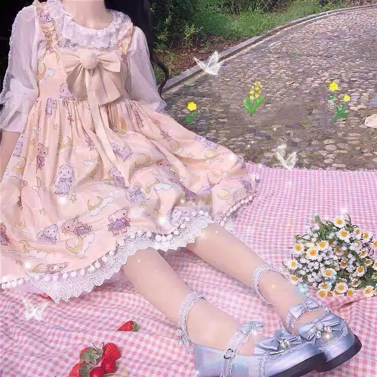 Japāņu Salds Kawaii Jsk Lolita Kleita Cute Sedz Trušu Drukāšanas Karikatūra Bez Piedurknēm Loku Mežģīnes Princese Tēja Puse Kleitas Attēls 3