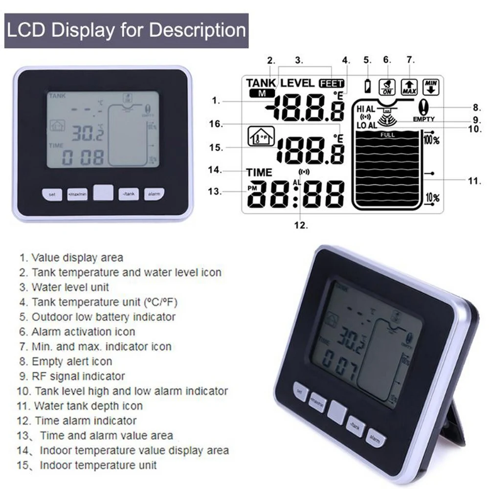 Ultraskaņas Tvertne Ūdens Līmeņa Indikators Metru Iekštelpu Āra Ūdens Sensora Mērīšanas Kontūru LCD 0-15m Mērīšanas Instrumenti Monitora Attēls 3