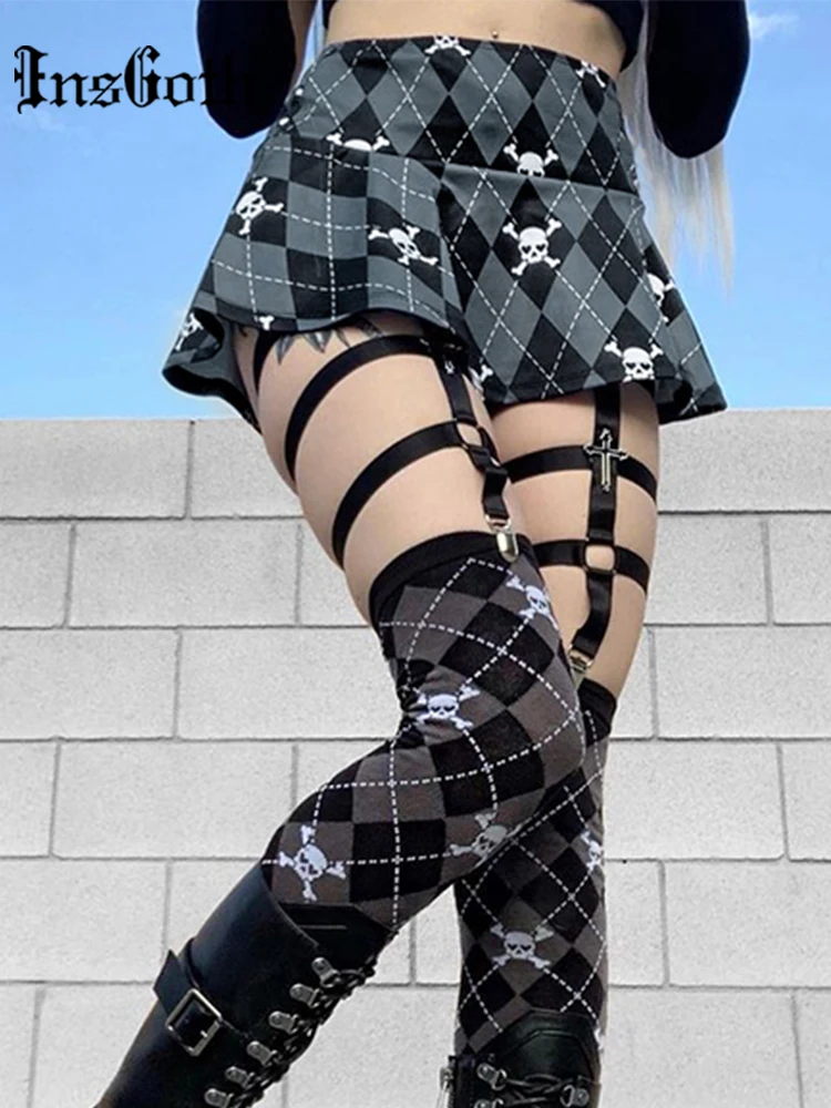 InsGoth Y2K Gothic Galvaskausa Emo Drukāt Pelēkie Svārki Estētisko Seksīgu Augsta Vidukļa Līnija, Mini Svārki Grunge Punk E Meitene Svārki Streetwear Attēls 5