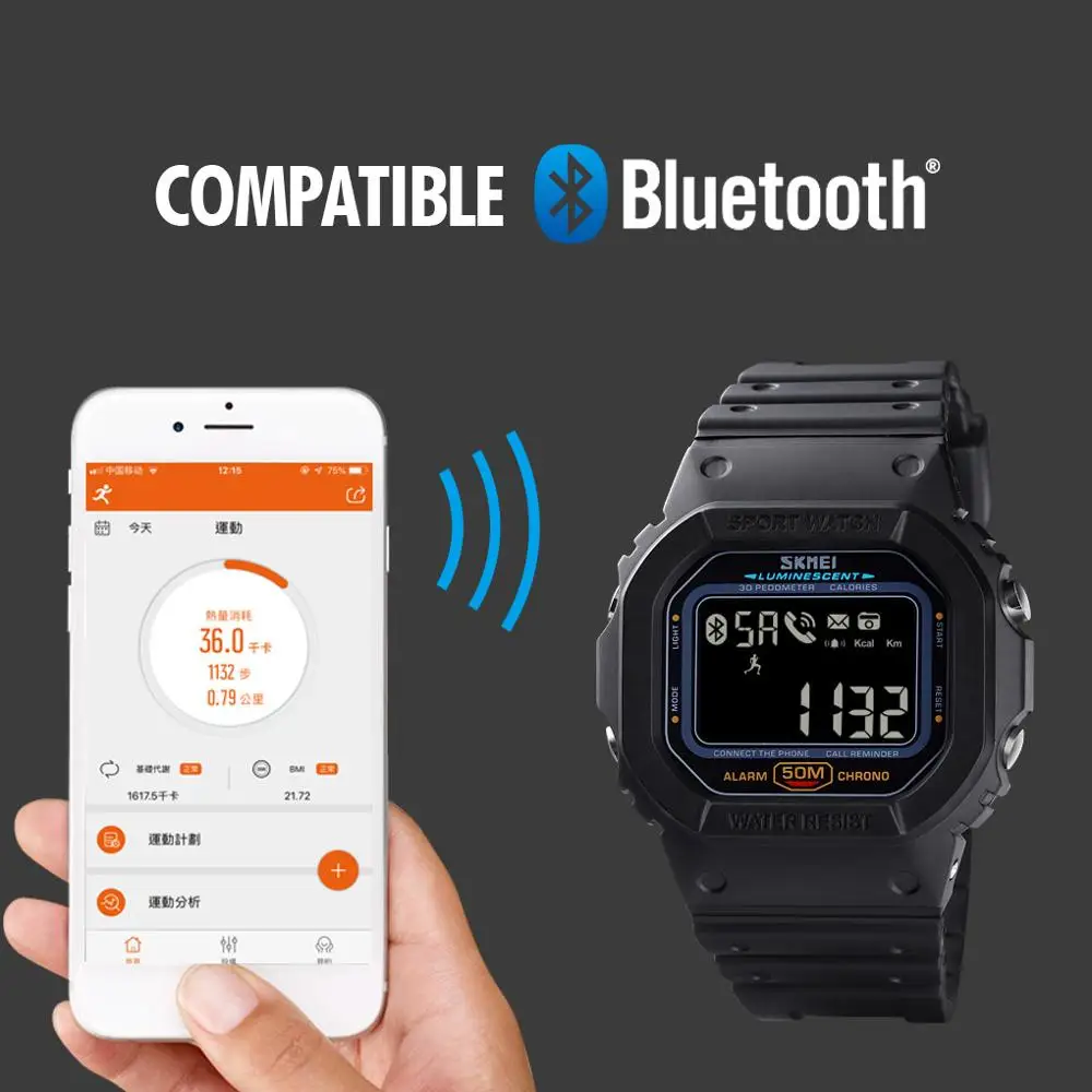 SKMEI Smartwatch Skatīties Vīrieši Bluetooth Elektronisko Sporta Pulksteņi Vīriešu Pedometrs Kaloriju Tracker Par Huawei Iphone Reloj Inteligente Attēls 1