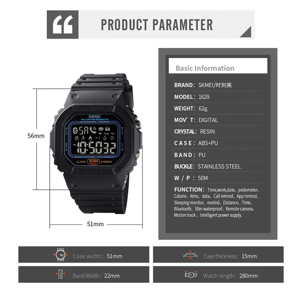 SKMEI Smartwatch Skatīties Vīrieši Bluetooth Elektronisko Sporta Pulksteņi Vīriešu Pedometrs Kaloriju Tracker Par Huawei Iphone Reloj Inteligente Attēls 4