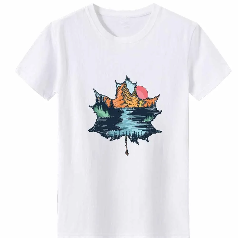 Lapu Raksts Print T-krekls Sievietēm Saulrieta Kalnu Upes Tee Kreklu Gadījuma Sievietēm ar Īsām Piedurknēm Hipster Grafiskais T Krekli Vaļēju Augšu Attēls 5