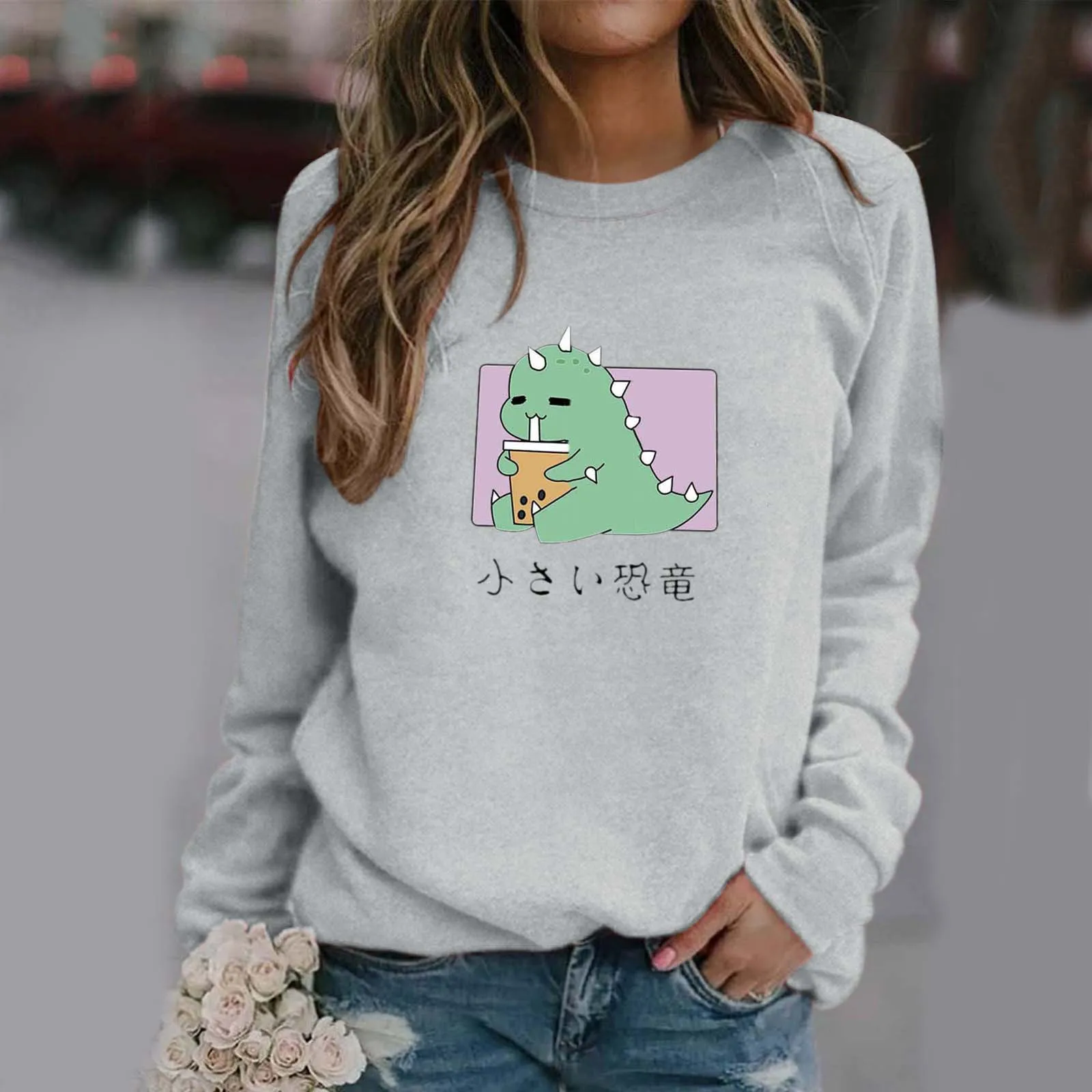 Modes Dinozauru Drukāt garām piedurknēm Krekls Sieviešu Rudens Streetwear Gadījuma Džemperi Sieviešu Blūze Meitenēm Zaudēt Blusa Feminina Attēls 3