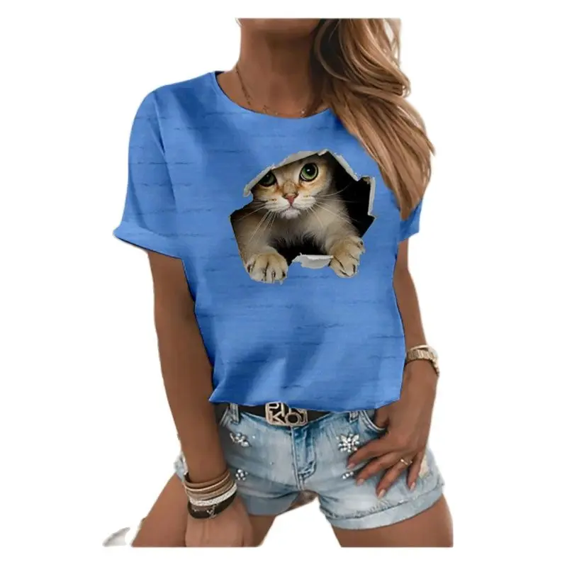 Kaķis 3D drukas apaļu kakla T-krekls sievietēm, gadījuma poliestera īsām piedurknēm T-krekls, top piederumi, vasaras jaunums, karstā pārdošanas Attēls 2
