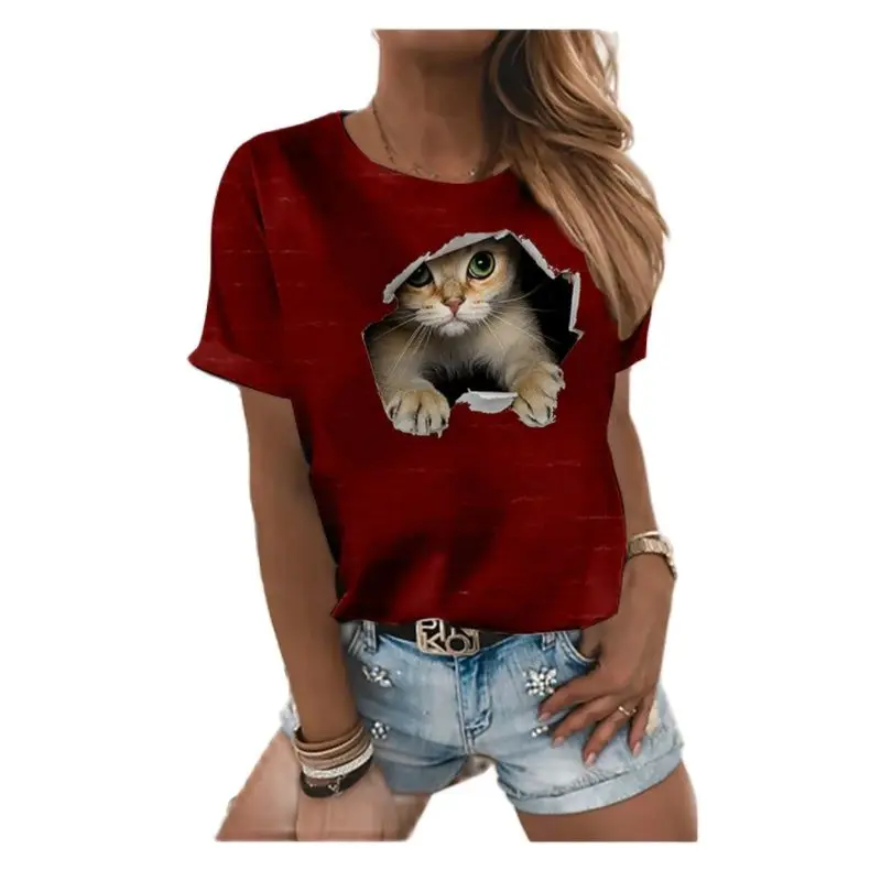 Kaķis 3D drukas apaļu kakla T-krekls sievietēm, gadījuma poliestera īsām piedurknēm T-krekls, top piederumi, vasaras jaunums, karstā pārdošanas Attēls 3