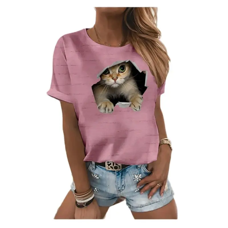 Kaķis 3D drukas apaļu kakla T-krekls sievietēm, gadījuma poliestera īsām piedurknēm T-krekls, top piederumi, vasaras jaunums, karstā pārdošanas Attēls 5