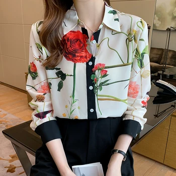 2022. gada Pavasara Modes Ziedu Drukāt Krekli, Sieviešu Šifona Blūzes ar garām Piedurknēm Topi Polo Krekls Sieviešu Ikdienas Drēbes Blusas Mujer 1