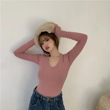 4 krāsas rudens korejiešu stilā sievietēm slim Elastīgs tops tīrtoņa krāsu garām Piedurknēm t-krekls, Sieviešu t-veida krekls femme (R99994) 1