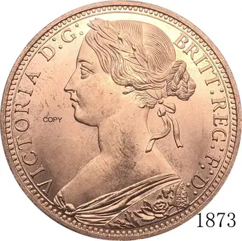 Apvienotā Karaliste 1873 1 Vienu Penss Queen Victoria Lielbritānijas Bronzas Portrets Sarkanā Vara Kopēt Monēta Ar Gludu Malu 1