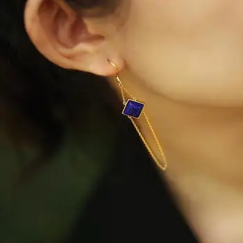Dizainera unikālu radošu dabas lapis lazuli ilgi ģeometriskā dimanta auskari elegantu šarmu radošo sieviešu sudraba rotaslietas 1