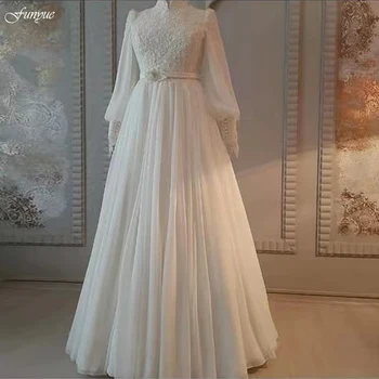 Drēbes De Mariée Ir 2021. Elegants ar garām Piedurknēm Kāzu Kleitas-Line Tilla Mežģīnes Augstu Apkakli, Dubaija arābu Musulmaņu Līgavas Kleita Līgava 1