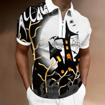 Ir 2021. Jaunu Vīriešu POLO Krekls ar Rāvējslēdzēju Īsām Piedurknēm Halloween Galvaskausa 3D Drukāšanas Funny Ziemassvētku Modelis Hip Hop Džemperis Iela Augšu 1