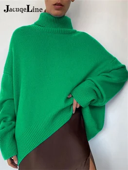 Jacuqeline Ziemas 2021 Lielajam Adīts Sieviešu Džemperis Ar Garām Piedurknēm Augstu Uzrullētu Apkakli Džemperis Top Gadījuma Vaļīgu Apģērbu, Zaļā Ziemassvētku