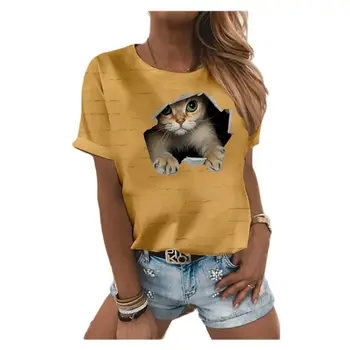 Kaķis 3D drukas apaļu kakla T-krekls sievietēm, gadījuma poliestera īsām piedurknēm T-krekls, top piederumi, vasaras jaunums, karstā pārdošanas 1