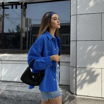 LTPH lielgabarīta zaudēt zilās jakas sieviešu vienotā krūtīm, garām piedurknēm vintage mētelis Streetwear gadījuma virsdrēbes ir 2021. rudens jaunas 1