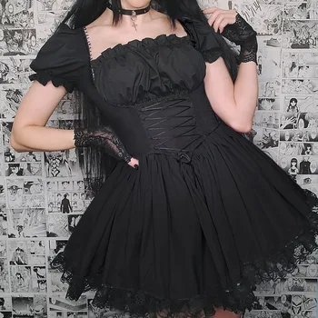 Sieviešu Y2K Gothic Lolita Princese Mini Kleita Puff Piedurknēm Augsta Vidukļa Mežģīnes Up Korsete-line Kleita 90s Vintage Kawaii Streetwear 1