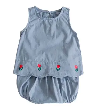 Vasaras Jaundzimušais Meiteņu Kokvilnas Apģērbs Atbilstu Modes bez Piedurknēm, Kokvilnas Ziedu Top+PP Bikses, Bērnu Ikdienas Apģērbu Uzvalks 1