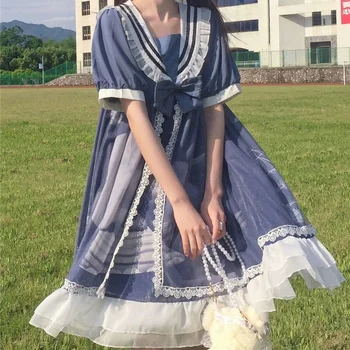 Zila Salds Kawaii Lolita Kleita Cute Japāņu kara Flotes Stils Priekšgala Lolita Īsām piedurknēm Kleita Kawaii Apģērbu Pasaku Lolita Kleita Gotikas 1
