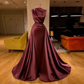 платье Bordo Marokas Kaftan Musulmaņu vakarkleita Plisēt Satīna arābu Sirēna, Dubaija Formālu Kleita Ilgi Vestidos drēbes de soirée 1