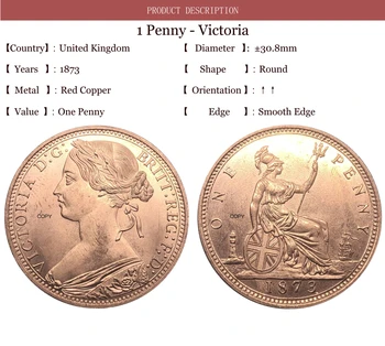 Apvienotā Karaliste 1873 1 Vienu Penss Queen Victoria Lielbritānijas Bronzas Portrets Sarkanā Vara Kopēt Monēta Ar Gludu Malu 2