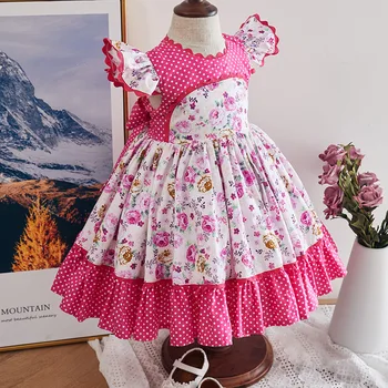 Bērniem Kleitas Meitenēm spāņu Bērniem Boutique Toddler Apģērbu Ziedu Frocks Bērnu Savirmot Piedurknēm Vintage YJ052 2