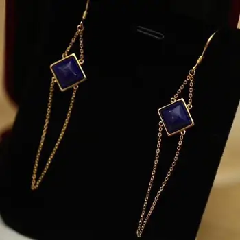 Dizainera unikālu radošu dabas lapis lazuli ilgi ģeometriskā dimanta auskari elegantu šarmu radošo sieviešu sudraba rotaslietas 2