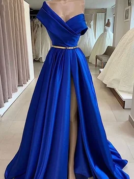 Elegants Viena Pleca, Royal Blue Balles Kleitas, Garās Drēbes De Saviesīgs Vakars-Line Satīna Jostu, Dubaija Sexy Augstu Šķēlumu Oficiāla Vakara Kleita Jauns 2