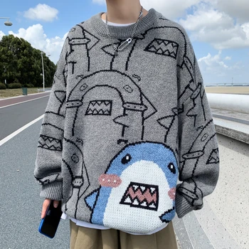Hong Kong stils ir 2021. rudens un ziemas jauno zaudēt apaļu kakla džemperis karikatūra haizivs džemperi, vīriešu džemperis 2