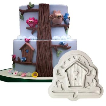 Karikatūra Mājas Durvis, Koks, Putns, Silikona Veidnē Sveķu Virtuves Cepšanas Apdares Rīks DIY Kūka Šokolādes Maizes Deserts Pomādes Veidnes 2