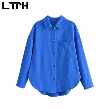 LTPH lielgabarīta zaudēt zilās jakas sieviešu vienotā krūtīm, garām piedurknēm vintage mētelis Streetwear gadījuma virsdrēbes ir 2021. rudens jaunas 2