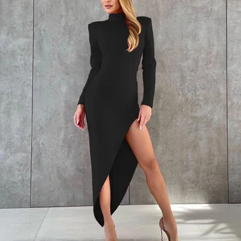 Modes Slim Augstu Uzrullētu Apkakli Ar Garām Piedurknēm Maxi Kleita Sexy Biroja Dāmas Augstu Šķēlumu Cietā Puse Kleita Ir 2021. Sievietēm Eleganto Nelegālo Kleita 2