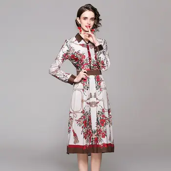 Pavasaris ar garām Piedurknēm Sievietēm Kroku Ziedu Drukāt Kleita 2022 Elegants Sieviešu Augsts Viduklis-line Biroja Dāmas Vintage Midi Kleita 2
