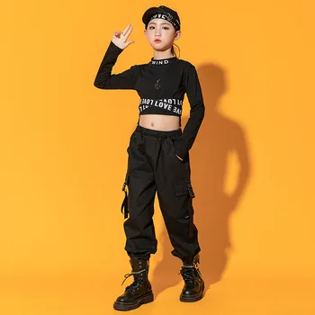 Pusaudžu vecuma Bērniem, Drēbes Meitenēm Apmācības Drēbes Meitenei Catwalk Hip-hop Deju Tērps Tīras Kokvilnas Black Top + Kravas Bikses divdaļīgs Kostīms 2