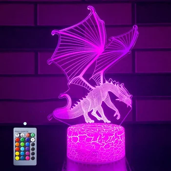 Pūķis Lampas Pūķis Rotaļlietas Nakts Gaisma 16 Krāsas Maiņa 3D Optiskā Ilūzija Gultas Lampa, Dzimšanas dienas Xmas Dāvanas Zēniem un Meitenēm 2