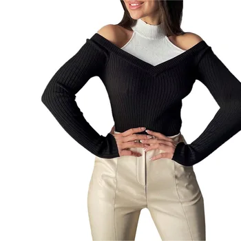 Rudens Jaunās Modes Adīt Augšu 2021 Sievietes Sexy Dobi No Melna Balta Raibs Slim Garām Piedurknēm Biroja Dāma Pamata Adīti Džemperi 2