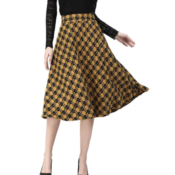 Rudens Ziemas Sieviešu Vilnas Svārki Vidū-Garums Ir 2021. Jaunu Modes Dzeltenā Pleds Elegants Vintage-Line Svārki Plus Izmērs S-4XL 2