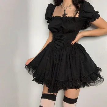 Sieviešu Y2K Gothic Lolita Princese Mini Kleita Puff Piedurknēm Augsta Vidukļa Mežģīnes Up Korsete-line Kleita 90s Vintage Kawaii Streetwear 2