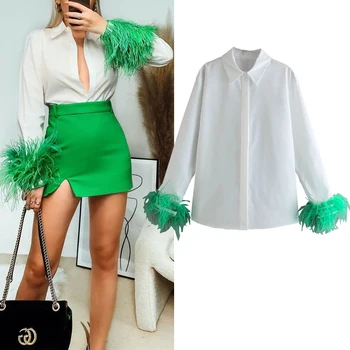 TRAF Zar Zaļo Spalvu Top Sievietes Balts Krekls Sieviete ar garām Piedurknēm, Elegants Sieviešu Blūzes 2022 Modes Gredzenūbele Pogu Up Krekls 2