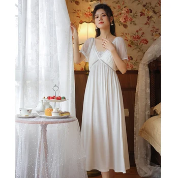 Viktorijas Kokvilnas Nakts Kleita Sievietēm Pasaku Baltu Mežģīņu Acu Piedurknēm Peignoir Ilgi Drēbes Princess Sleepwear Vintage Romantiska Naktskrekls 2