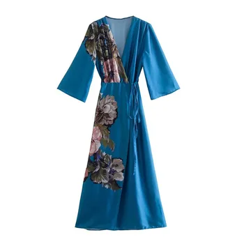 ZA 2021 Ziedu Drukāt Wrap Kleita Sievietēm Eleganto Ruching Zilā Midi Kleitas Modes Siksnas Puse Kleita Sieviešu Rudens Ražas Vestido 2